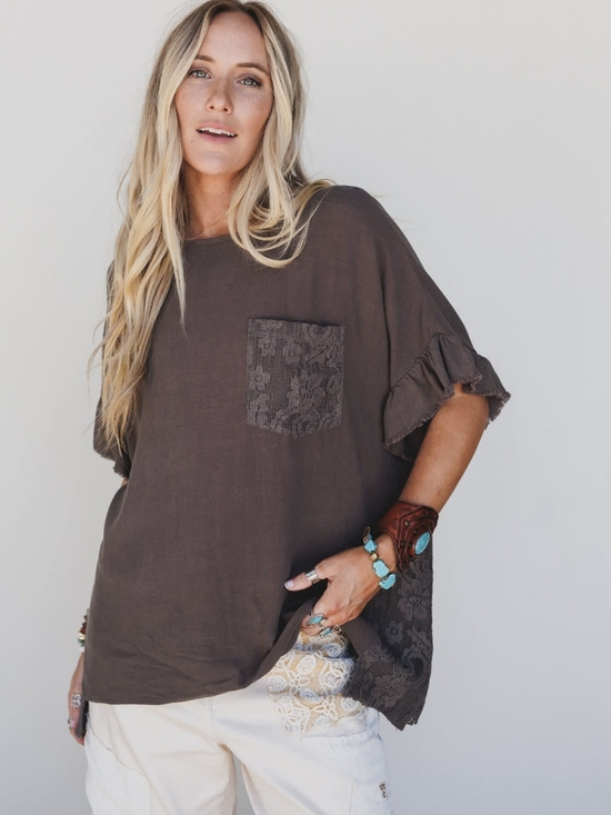 easel Tops - Easel (Women's M) Taupe Over-sized Boxy Crewneck Ruffled Short Sleeve Tee